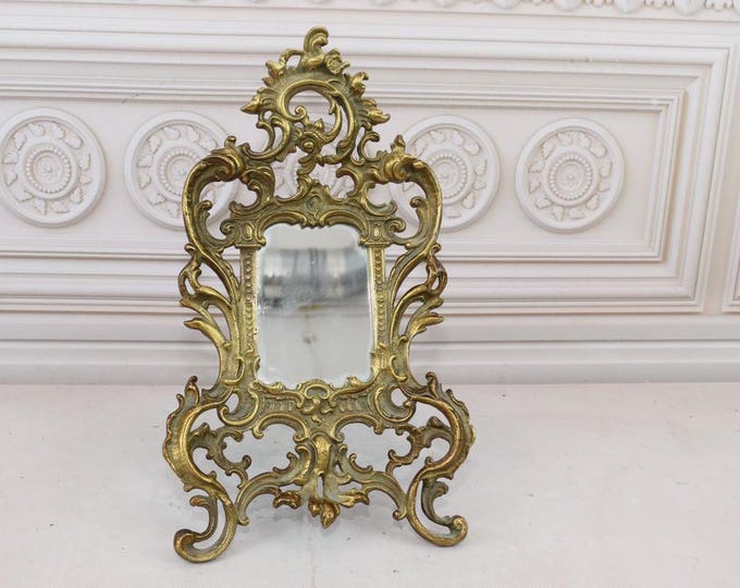Antique Stand Brass Mirror - Crystal Glass - Mirror in Gold Frame - Art Nouveau Mirror - Home Decor - Gift Idea for Her