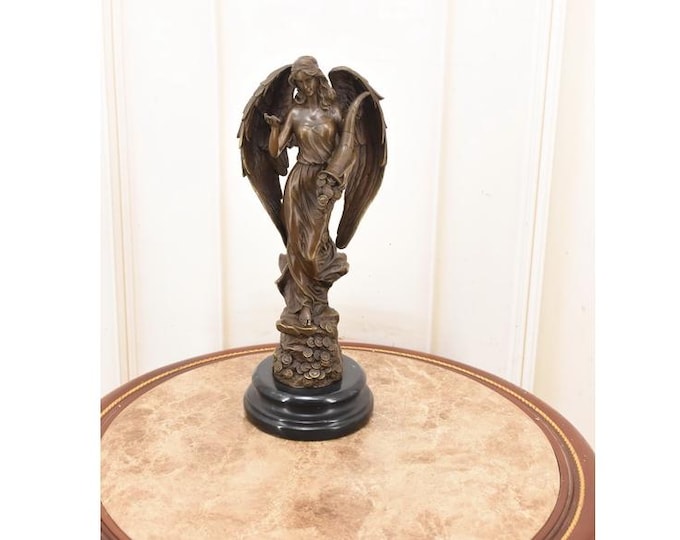 Vintage Bronze Fortuna Statue – Signed Goddess of Fortune Figurine, Lucky Money Decor
