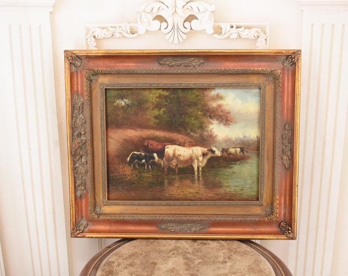 Vintage Oil Painting – Cows at Watering Place, Rustic Farm Scene on Wood