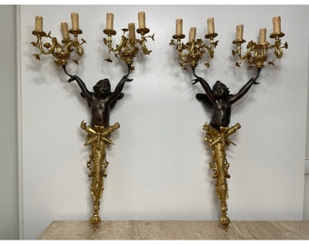 Gilded Bronze Empire Wall Sconces: Angel Candlestick Pair