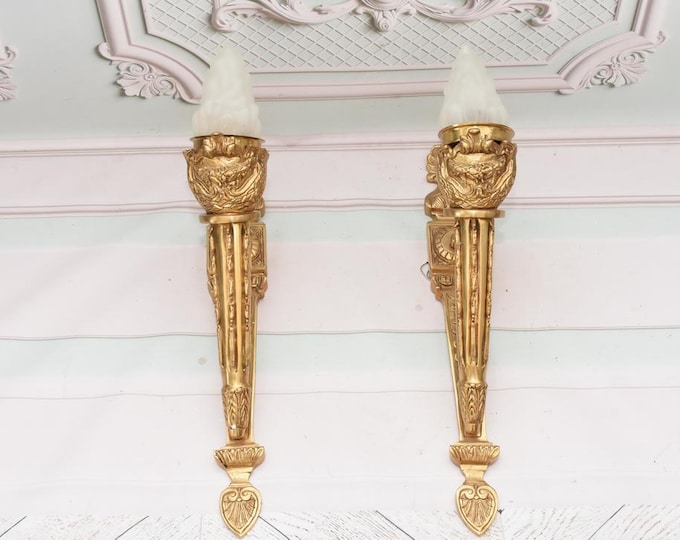 Vintage Bronze Empire Wall Sconces with Frosted Glass Shades – Pair – Antique Style Lighting Home Decor Ready to Hang