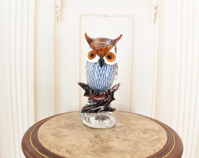 Handcrafted Murano Style Glass Owl Statue: Colorful Home Decor