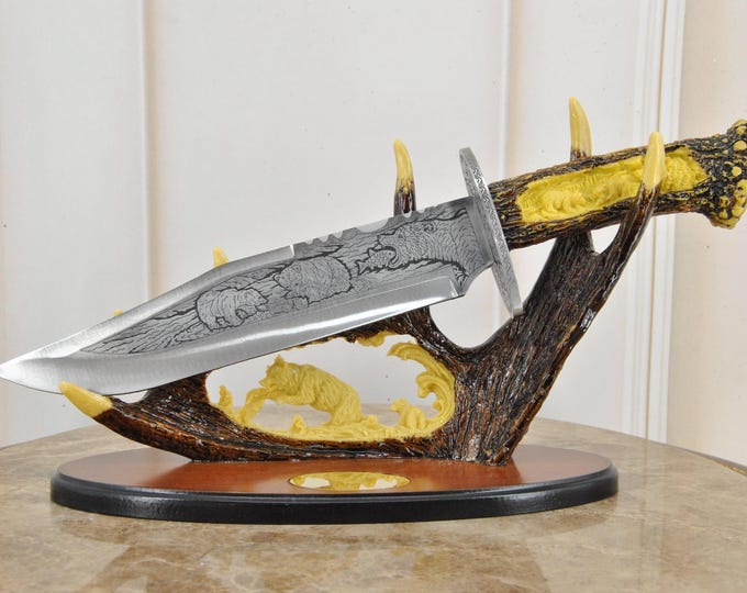 Decorative Hunting Sword on Stand - Hunter Animals Relief with Eagles - Decorative Militaria - Elegant Gift Idea - Hunter Gift Idea