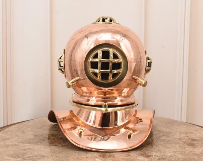 Vintage Diver’s Helmet Brass Sculpture - Nautical Marine Decor – Submarine Style Helmet – Steampunk Maritime Gift – Desktop Accent