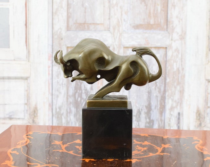 Solid and Heavy Bull Bronze Sculpture on Marble Base - Business Figurine - Modernist Statue - Foundry Mark - Exclusive Gift Idea