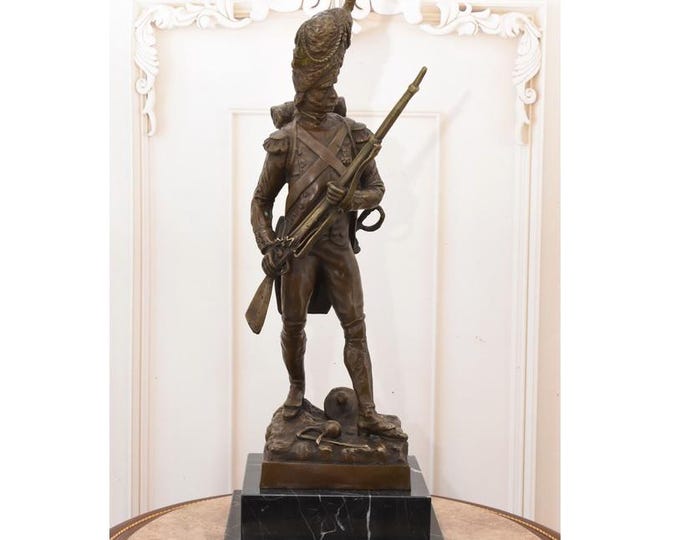 French Grenadier with Rifle — Solid Bronze on Marble Base, signed “Milo” | Military Figurine Sculpture