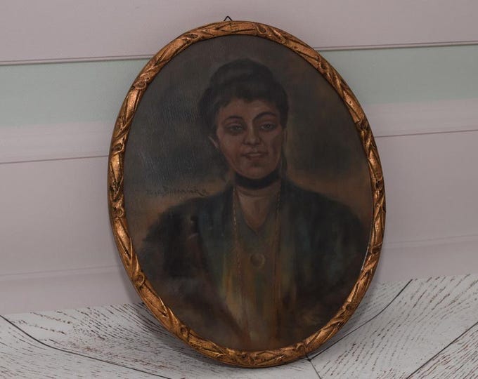 Antique Painting Portrait Woman - Old Painting on Carton - Polish Art - Nice Gold Frame - Wall Decor - Home Decor - Gift