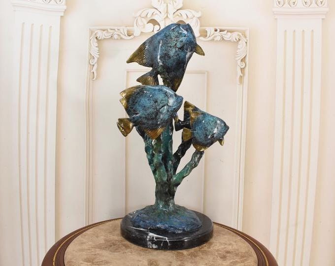 Vintage French Bronze Piranha Sculpture – Patinated Marine Art on Marble