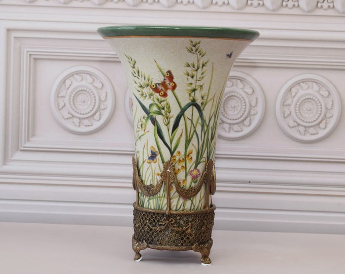 Large Green Porcelain Flower Pot - Vase Porcelain and Bronze Ornaments - Gilded Porcelain Flowers Ornaments - Home Decor - Gift for Wedding
