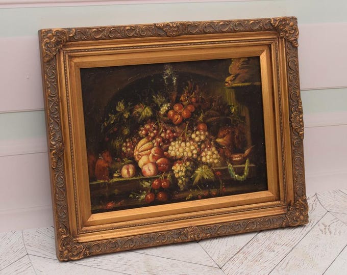 Still Life Painting in Golden Frame - Grapes Fruit Painting - Oil on wood - French Art Wall Decoration - Home Decor - Gift for Wedding