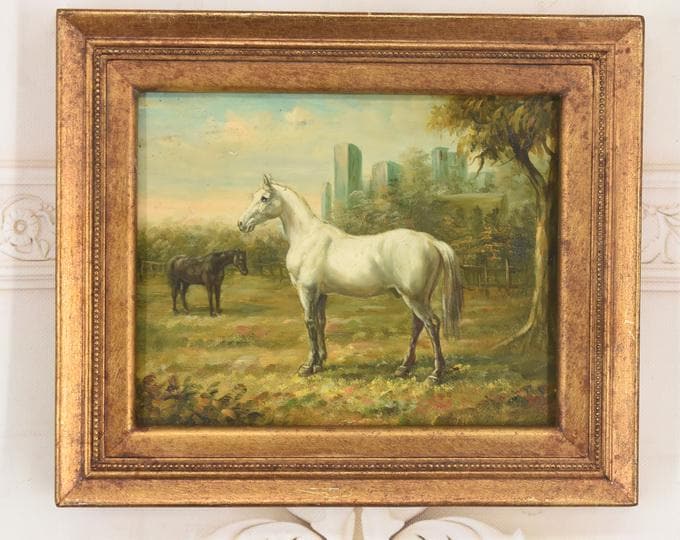 Vintage French Horse Painting – Pastoral Landscape with Gold Frame