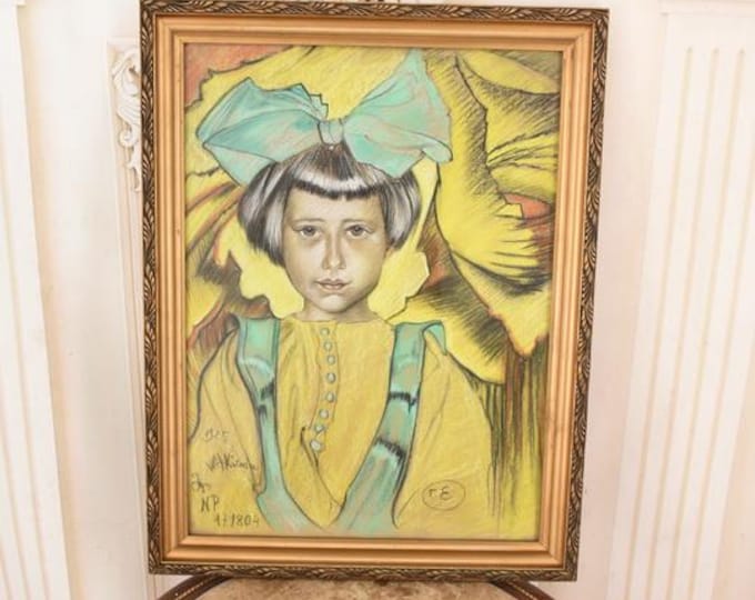 Antique Young Girl Portrait Painting – Witkacy Style Pastel Secession Art