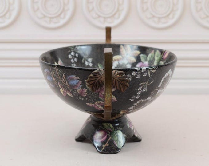 Vintage Fruit Plate - Porcelain with Bronze Ornaments - Black Old Plateau - Floral Painted Porcelain - Richly Decorated - Home Decor
