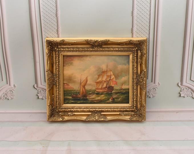 Vintage Boat Painting on Sea with Gold Frame | Nautical Wall Art | Handmade Seascape Artwork | Coastal Home Decor |