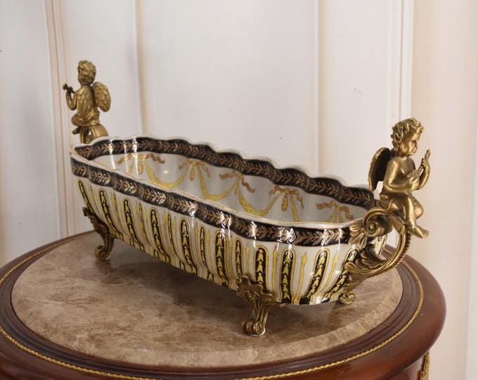 Vintage Porcelain Bowl with Bronze Angels – Signed Vase Base