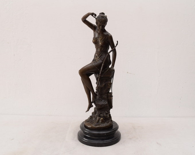 Diana Mythological Goddess with Bow - Patron Hunter Bronze Sculpture Statue Figurine - Gift Idea -