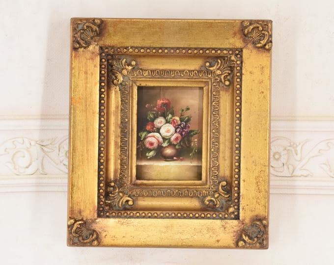 Vintage Miniature Floral Oil Painting – European Still Life Art