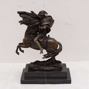 Large Napoleon Bonaparte on Horse, Art Bronze Sculpture, Horse Hero, Bronze Figure Gift Vintage, Marble Black -