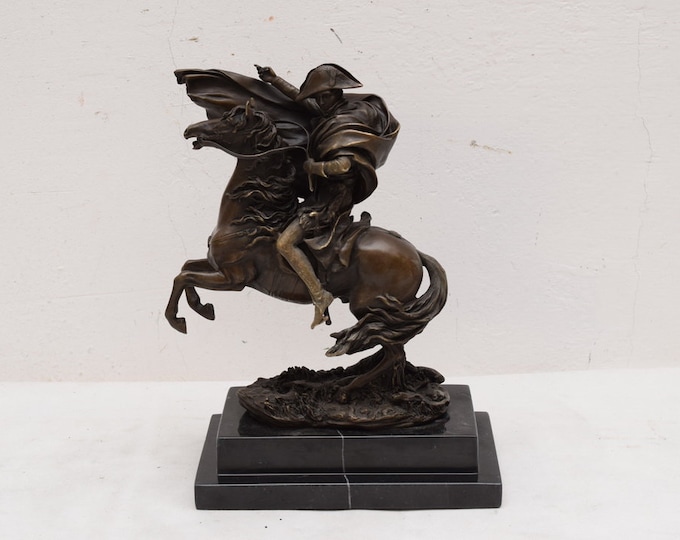 Large Napoleon Bonaparte on Horse, Art Bronze Sculpture, Horse Hero, Bronze Figure Gift Vintage, Marble Black -