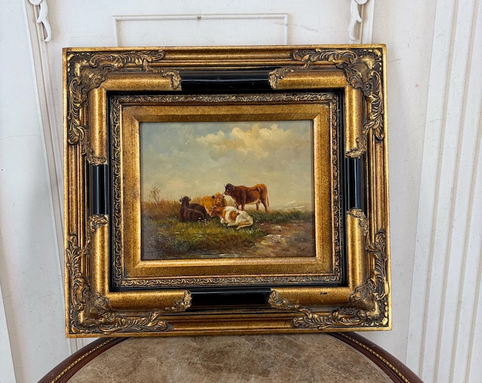 Vintage Pastoral Painting - Cows in Countryside - Ornate Gold and Black Frame - Rustic Wall Art