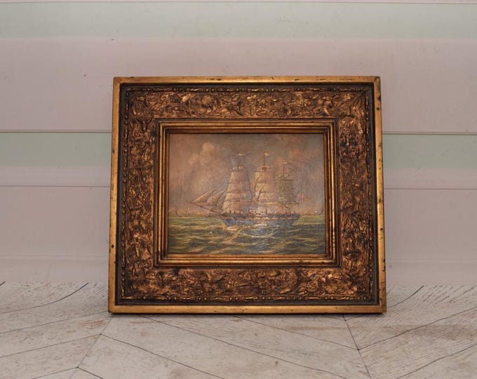 Vintage Painting Boat on Sea - Painting with Gold Frame - Sea Lovers Art - Painting HandMade Wall Decor - Home Decor - Gift Idea