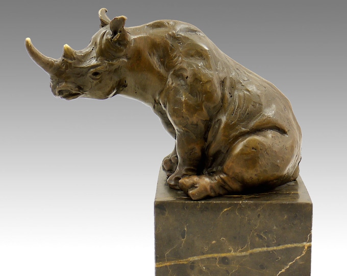 Rhino Rhinoceros Abstract Animal Bronze Statue Figure Figurine Gift Marble Black    Office -