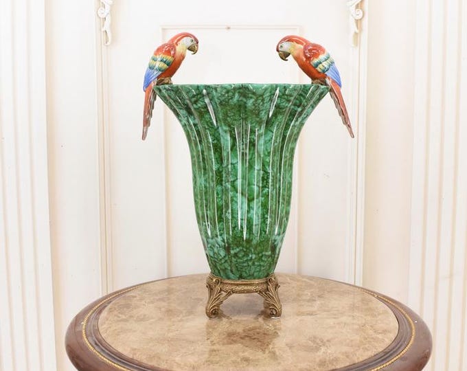Unique Green Flower Vase with 2 - Parrots Porcelain with Bronze Ornaments - Vase Art Nouveau - Flowers Design - Parrots Art Gift Home Decor