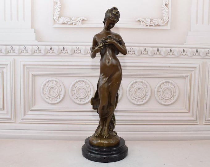 Woman in Dress with Bird Bronze Statue on Marble Base - Art Deco Style Bronze Sculpture - Luxury Gift Foundry Mark - Gift for Birthday