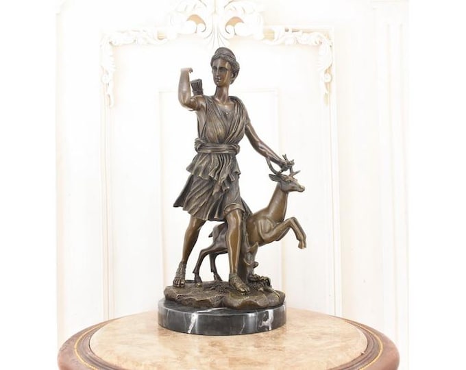 Large Unique Bronze Figure -  Diana and Deer Sculpture: Signed Mythology Art on Marble Base