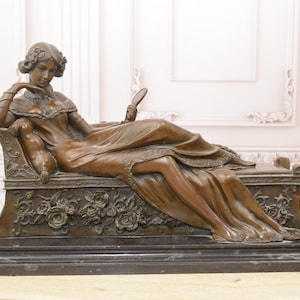 Very Large Bronze Statue - Woman Aristocrat on Pedestal - Lying Woman in a Dress - Sculpture by Canova - Home Decor Foundry Mark - Gift Idea