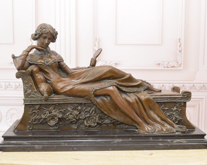 Very Large Bronze Statue - Woman Aristocrat on Pedestal - Lying Woman in a Dress - Sculpture by Canova - Home Decor Foundry Mark - Gift Idea