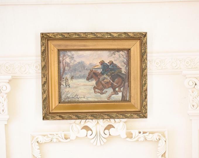 Antique Polish Oil Painting – Winter Scene Resting Soldiers – Snow Landscape Wood Art