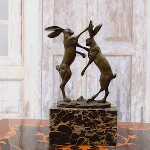 Two Boxing Hares - Hares Bronze Sculpture on Marble Base - Rabbits Bronze Statue - Richly Decorated - Gift Idea - Personalized Gifts