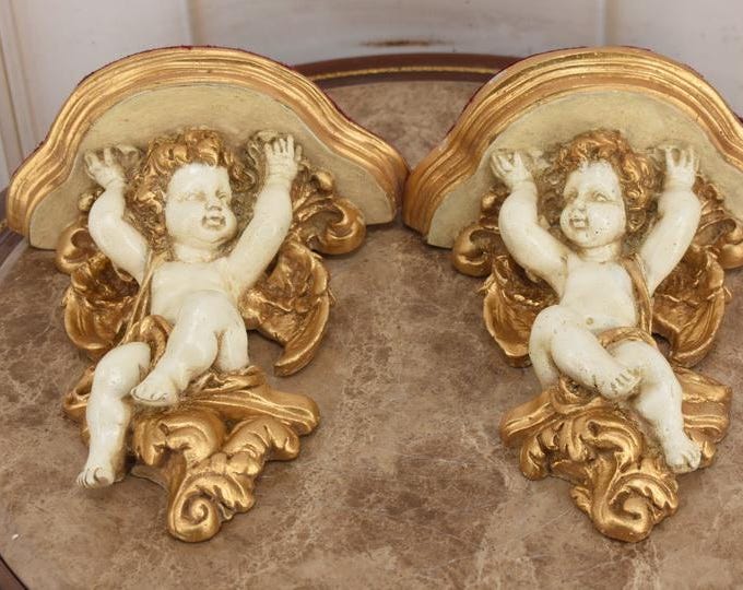 Vintage Gold Cherub Wall Shelf Pair – Baroque Rococo Decor