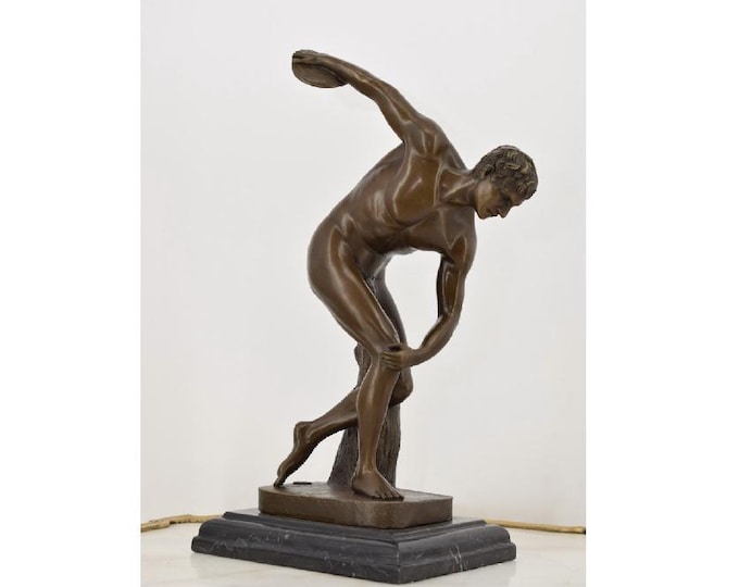 Discobolus Bronze Sculpture on Marble Base - Man Act - Inspired by Myron Ancient - Signed Figure - Foundry Mark - Home Decor - Gift Idea