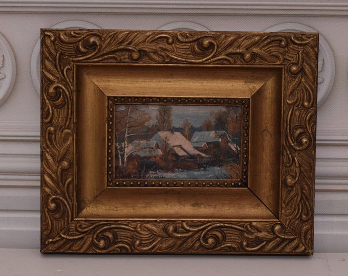 Antique Painting Landscape Winter and Hut - Old Village - Handmade Painting - Polish Art- Wall Home Decor - Nice Goldene Frame - Unique Gift