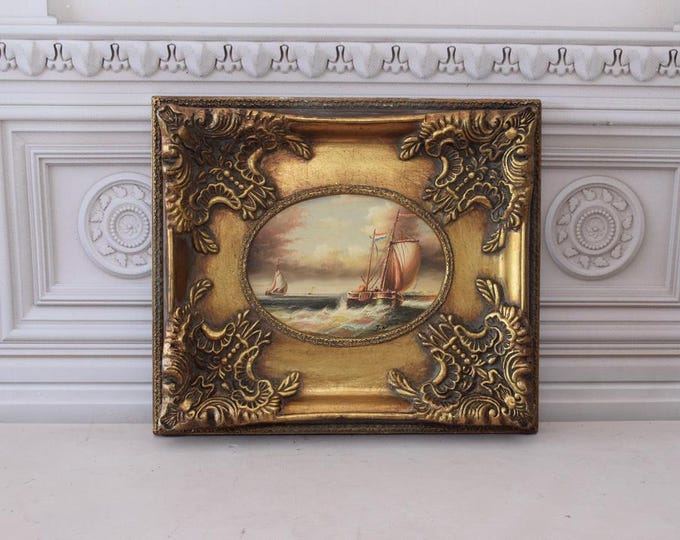 Vintage Painting Boat on Sea - Painting with Gold Frame - Sea Lovers Art - Painting HandMade Wall Decor - Home Decor - Gift Idea