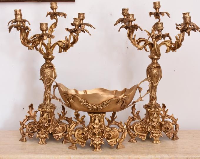 French Gilt Bronze Centerpiece Set – Jardinière Bowl, Candelabras (1920s)