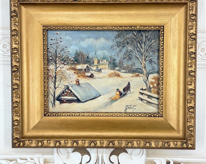 Antique Winter Village Painting on Wood – Eastern European Countryside Scene – Sleigh, Cottages and Church