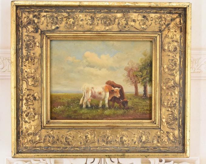 French Vintage Cow Painting – Pastoral Landscape with Golden Frame