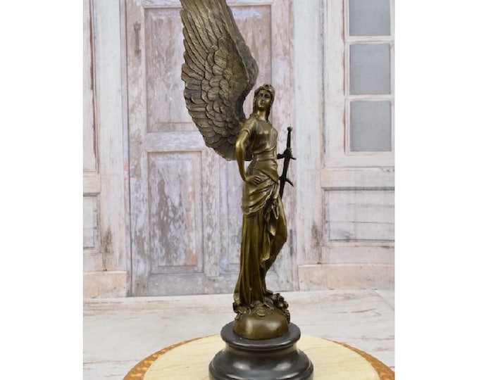 Athena with Sword Bronze Statue - Archangel with Wings Sculpture - Figure of Victory - Home Decor - Vintage Bronze