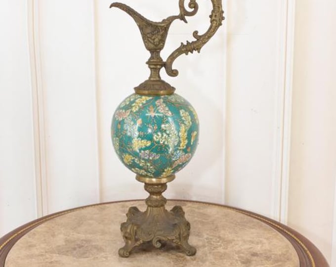 Antique Art Nouveau Green Porcelain Decanter with Bronze Ornaments - Gift Idea