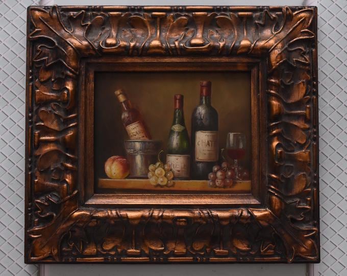 French Wine Still Life Oil Painting: Vintage Rustic Kitchen Art