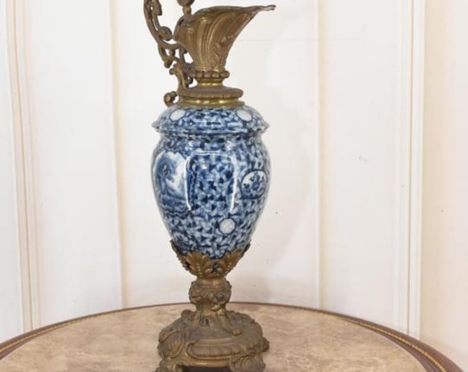 Antique Art Nouveau Blue Porcelain Decanter with Bronze Ornaments - Gift Idea