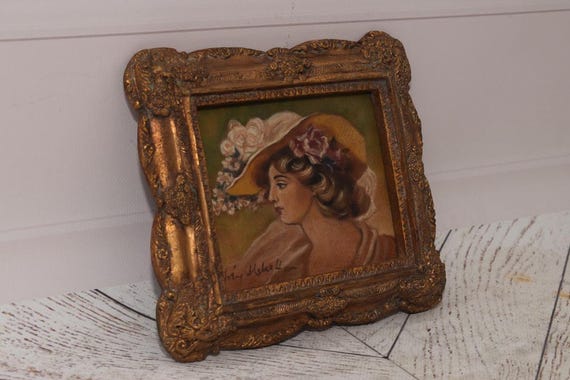 Antique Polish Art: Woman in Hat, Gold Frame, Oil on Wood