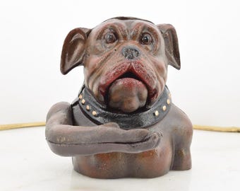 Hucha mecánica vintage de hierro fundido con forma de bulldog: decoración antigua con forma de perro