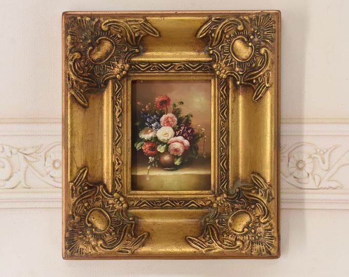 Flowers in a Vase – Vintage Miniature Oil Painting – Floral Still Life – Classic European Art – Unique Wall Decor