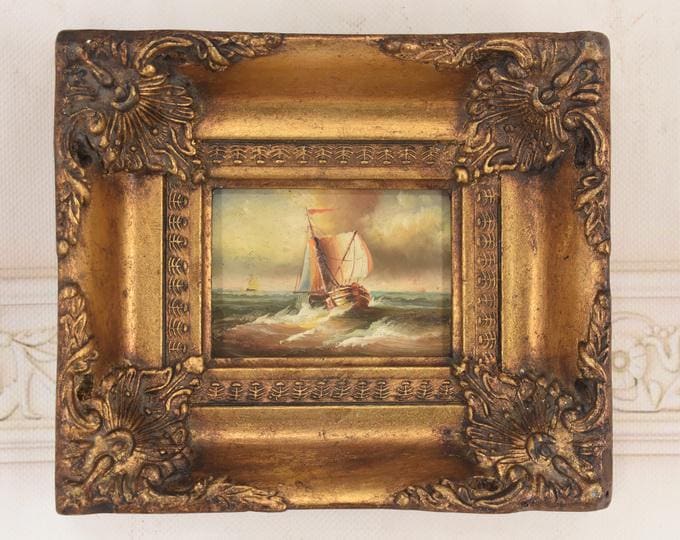 Vintage Boat Painting: Handmade Nautical Seascape with Gold Frame