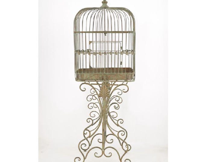 Vintage Metal Standing Bird Cage Planter – Rustic Grey Garden Decor – Indoor Outdoor Pergola Decoration – Unique French Country Style