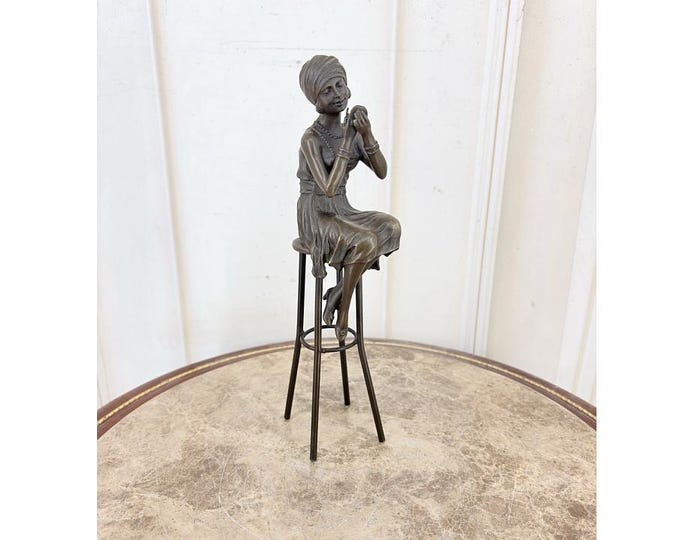 Art Deco Bronze Woman Statue: Bar Chair Sculpture, Home Decor
